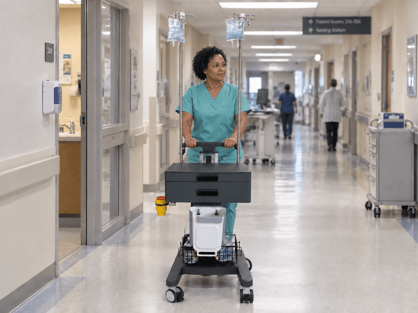 Clinician in teal scrubs transporting the EverCare IVT-300 trolley with two IV stands through a hospital corridor